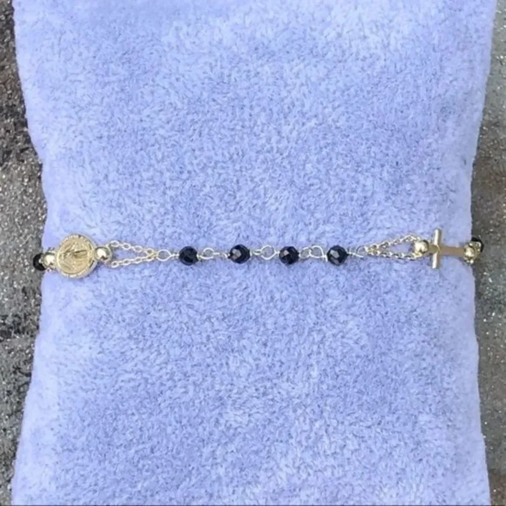Rosary Onyx 18k Yellow Gold Plated Over Solid 925 Sterling Silver Bracelet NWT